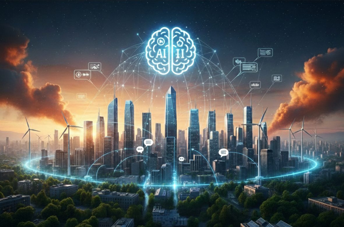 Illustration of a city skyline with wind turbines, linked by a network to a glowing AI brain and conversation bubbles