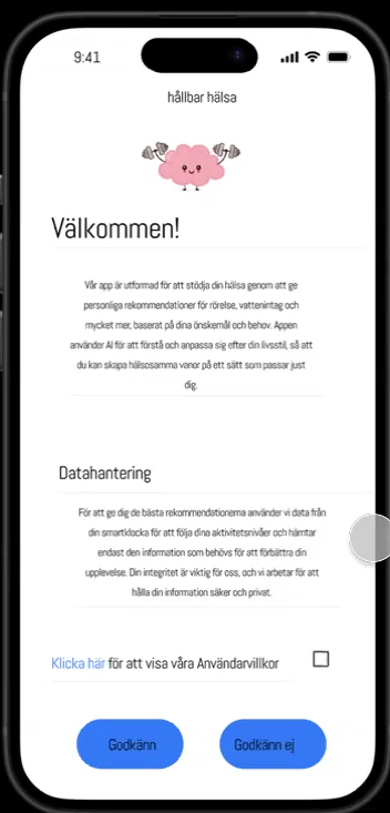Hållbar Hälsa onboarding screen with welcome text, data handling information and consent