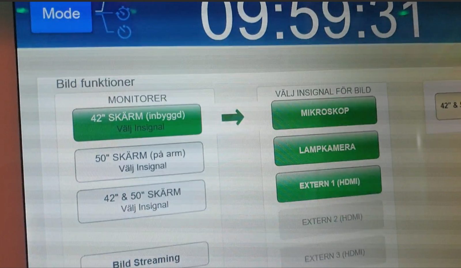 Touch-panel screen for image functions: monitor selection for the 42-inch and 50-inch screens and input selection between microscope, lamp camera and external HDMI sources
