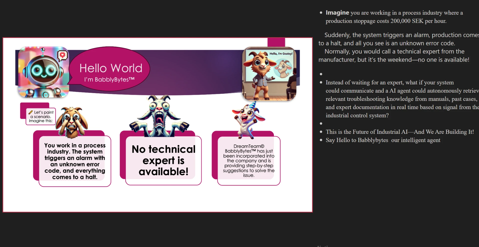 Presentation slide framing the industrial troubleshooting scenario